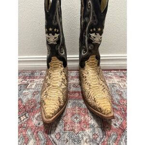 El General 1901 Mens Snakeskin Western Cowboy Boots Snip Toe Black Tan Size 8